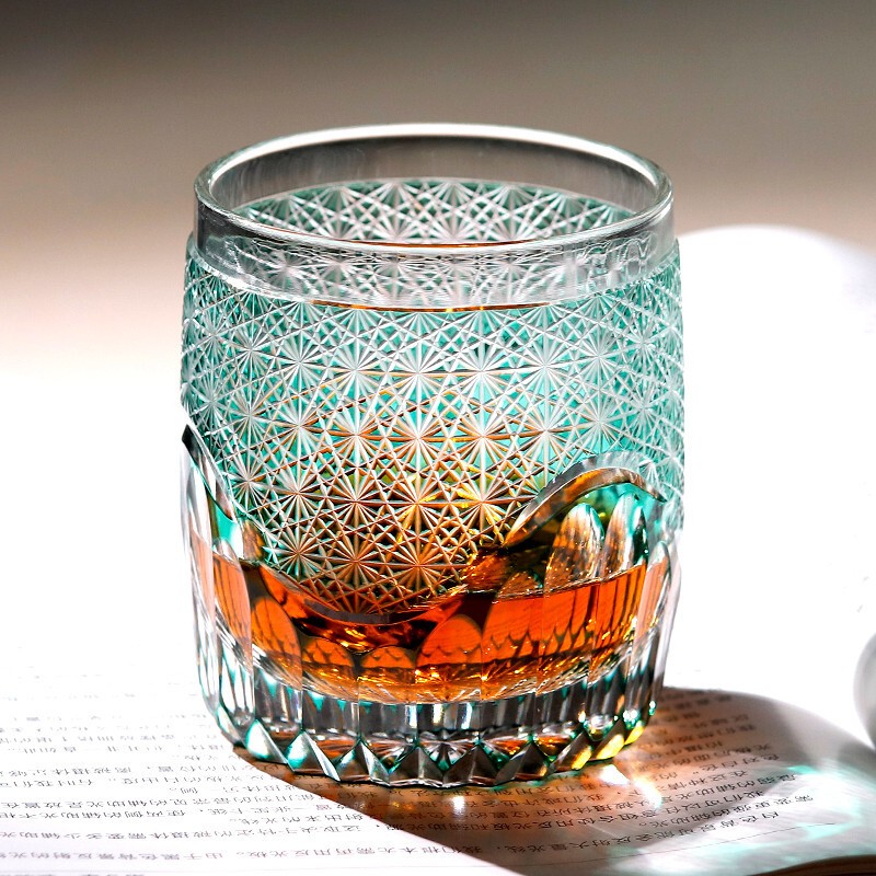 Edo Kiriko Luxury Crystal Whiskey Glass Hand Cut To Clear Green 9oz Gift Packing