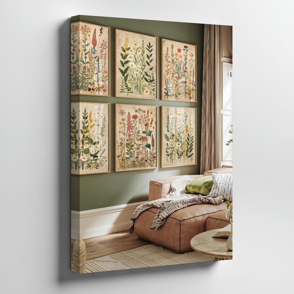 Set Of 6 Botanical Canvas Wall Art Vintage Floral Herb Garden Prints For Home