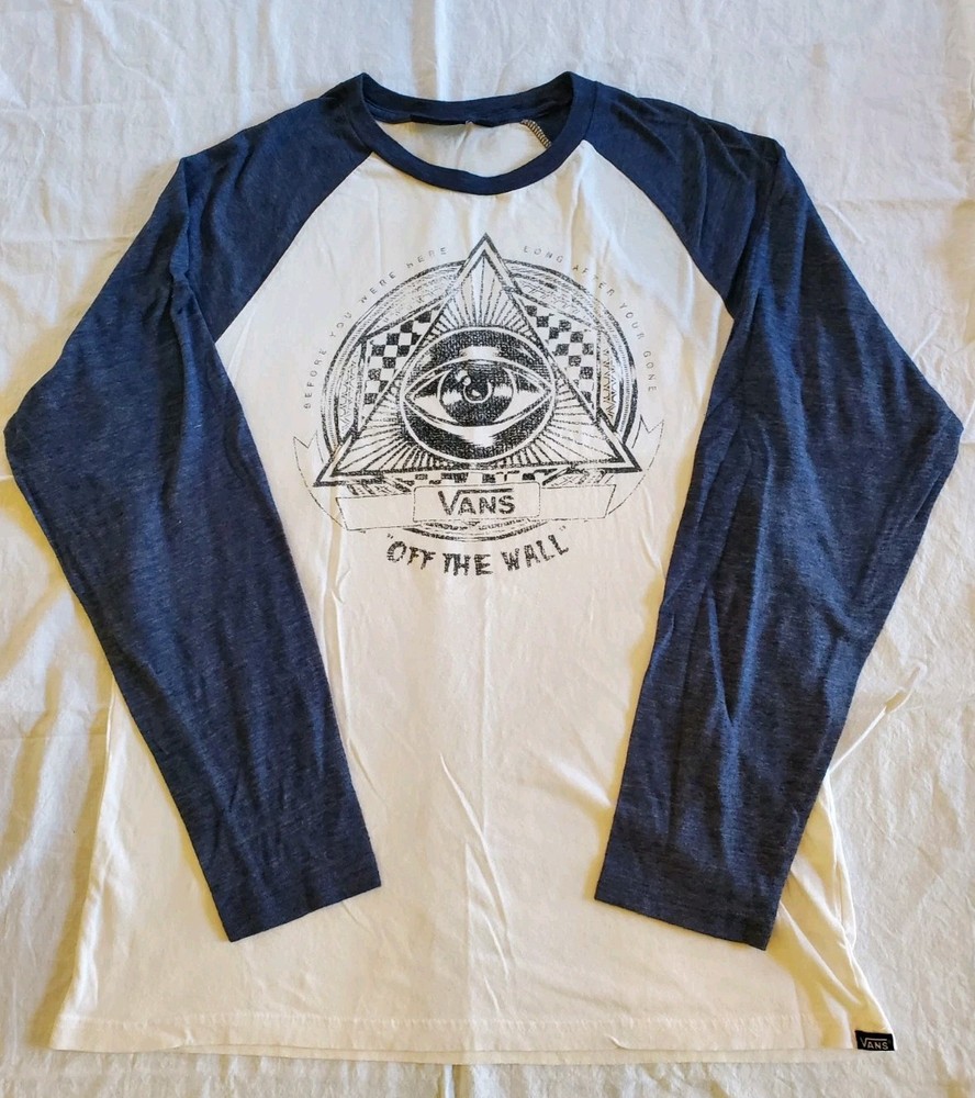 VANS Men's White Navy Graphic Logo T-Shirt Crew Neck Long Sleeve Medium Cotton