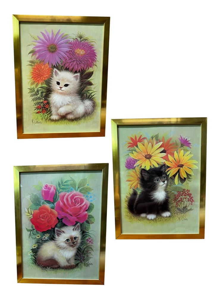 Framed Kittens & Flowers K Chin Vintage MCM litho Prints 12” x 9” Set of 3