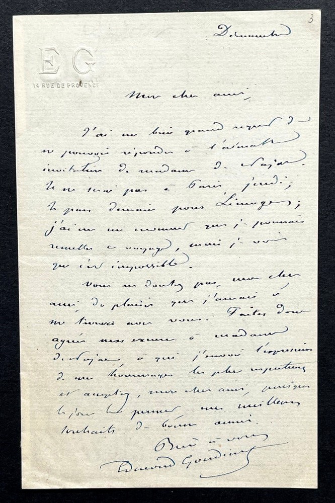 Edmond Gondinet, Librettist - SIGNED AUTOGRAPH LETTER