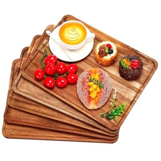 5 Pack Solid Acacia Wood Serving Trays Rectangular Wooden Board 14 x 10 Inch