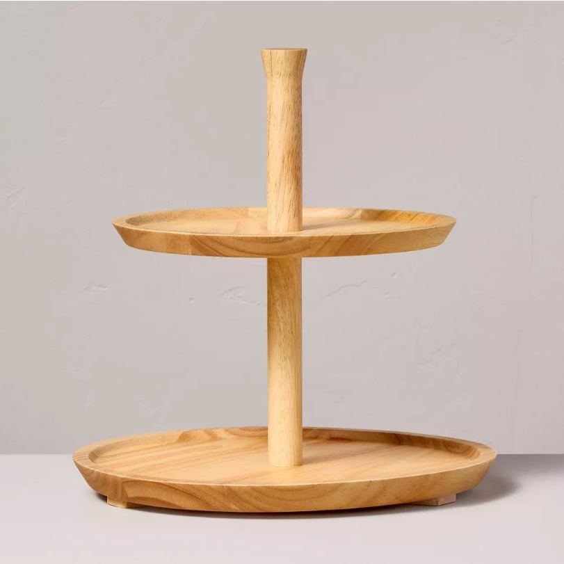 2-Tier Natural Rubberwood Serving Tray with Handles