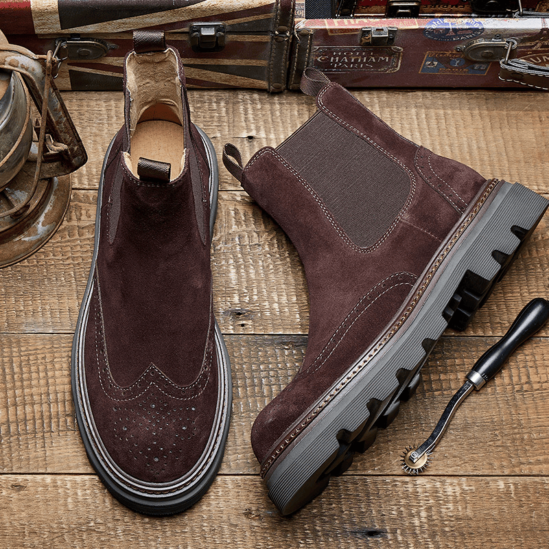 Retro Western Men's Carved Wing Tip Real Suede Leather Chelsea Ankle Boots Shoes