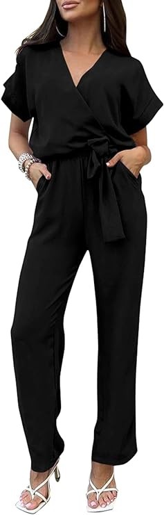 PRETTYGARDEN Women's One Piece Jumpsuit, Wrap V Neck, Black, Large
