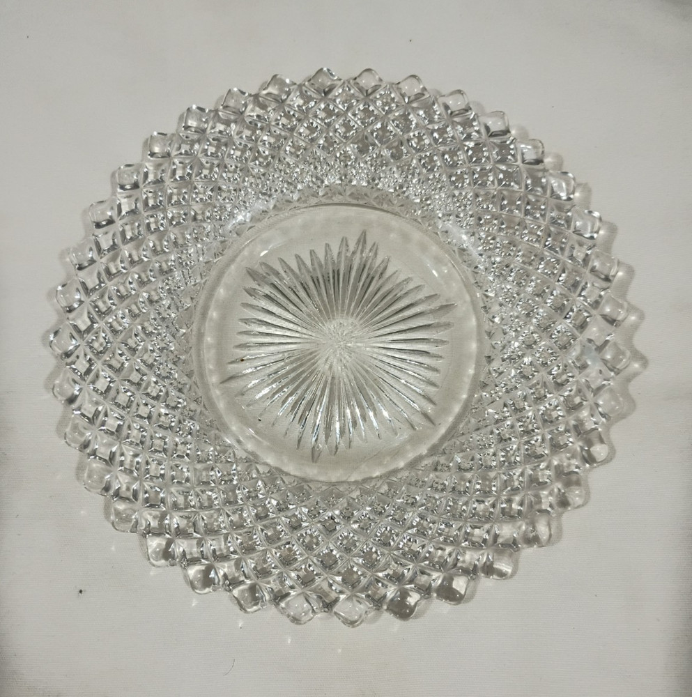 Clear Pressed Glass Round Plate, Diamond Rim Pattern, Starburst Center