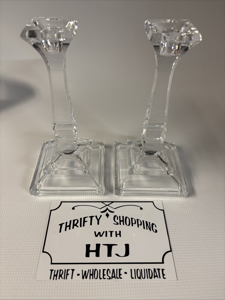 Vintage Pair of 8” Tall Clear Glass Square Base Candle Stick Holders
