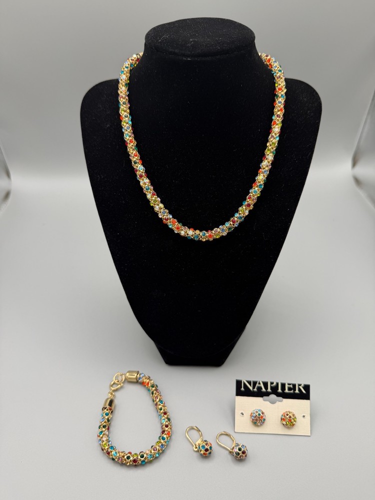 Vintage Napier Multicolor Rhinestone Necklace Bracelet Earrings Set, Gold Tone