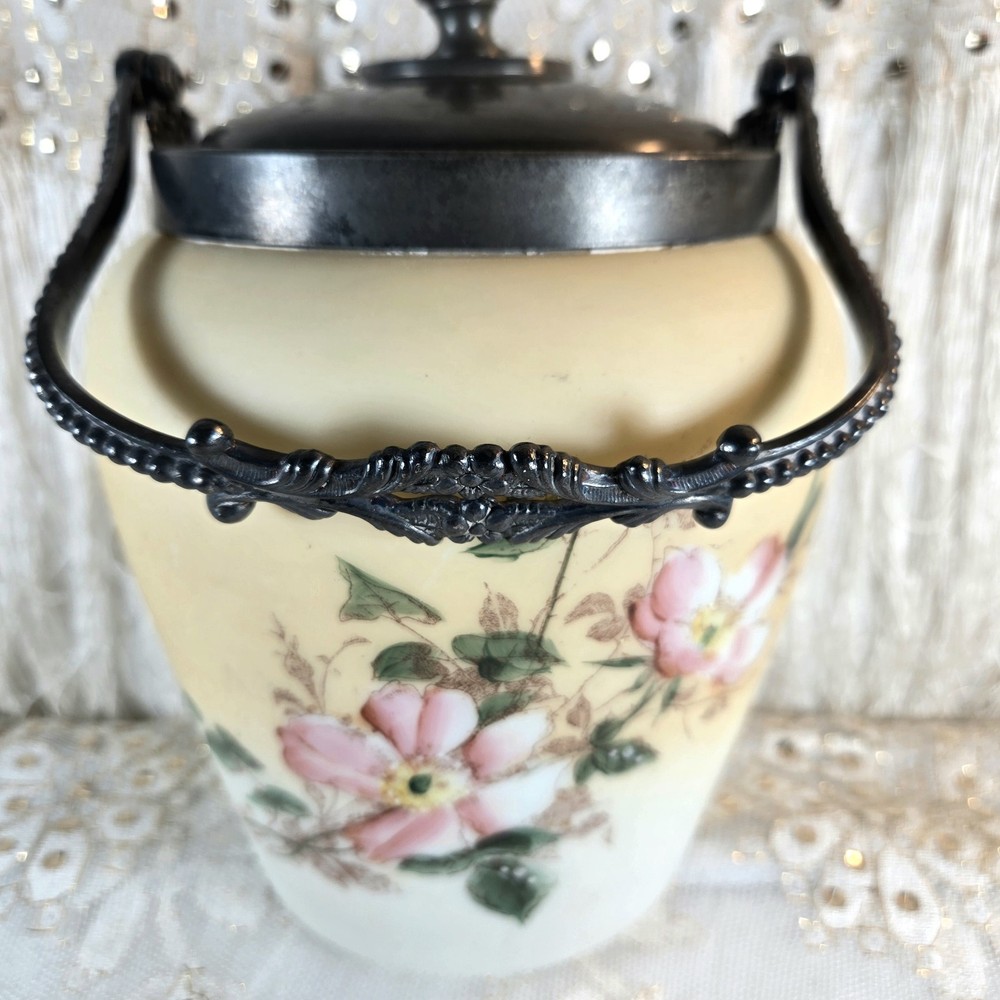 Antique Mt Washington Victorian Satin Glass Biscuit Jar Silver Plated Handle Lid