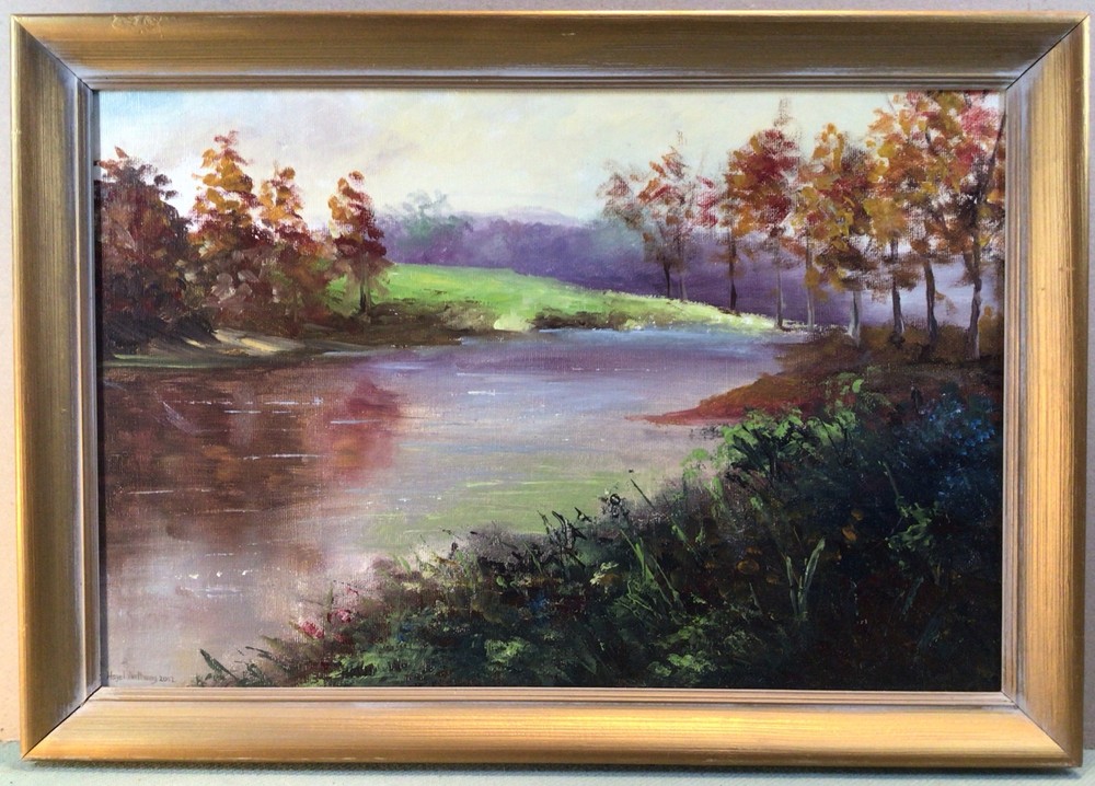 Hazel Anthony 2012 Lake Scene Framed Oil Painting