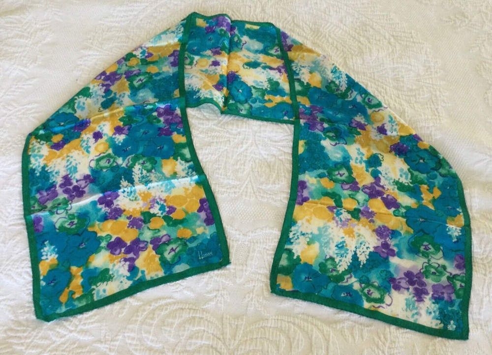 Honey Vintage PURPLE YELLOW GREEN FLORAL 100% Silk Scarf Japan 50
