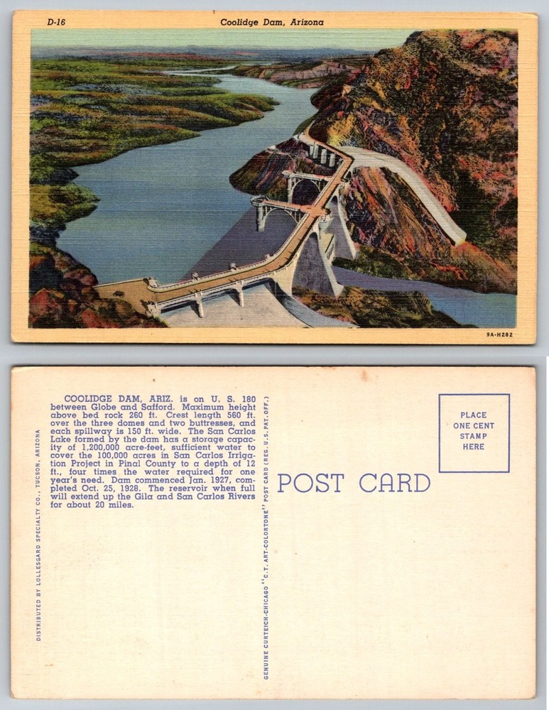 Coolidge Dam Arizona Vintage Postcard San Carlos Lake Curteich Colortone