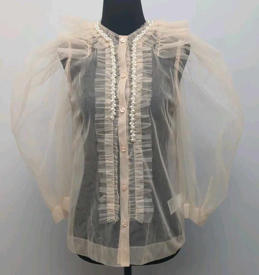 A4 Simone Rocha x H&M Puff-sleeved Tulle Blouse Nude Sz Small