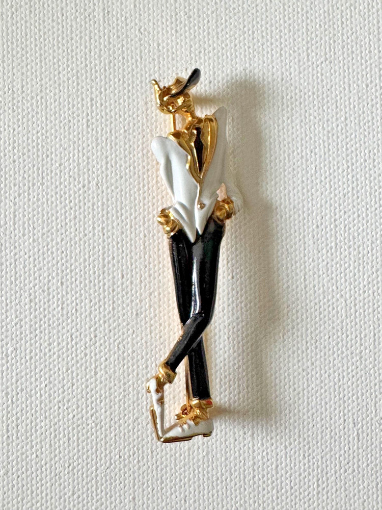 Vintage, Cavalier, Black and White Enameled MCM, Iconic, Smoking Man Pin. 1980.