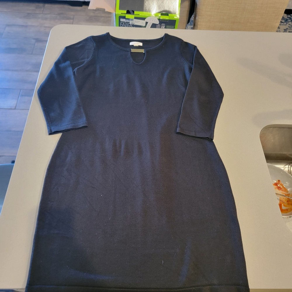 Calvin Klein Dress Womens Large Black Sweater Keyhole Long Sleeves Above Knee