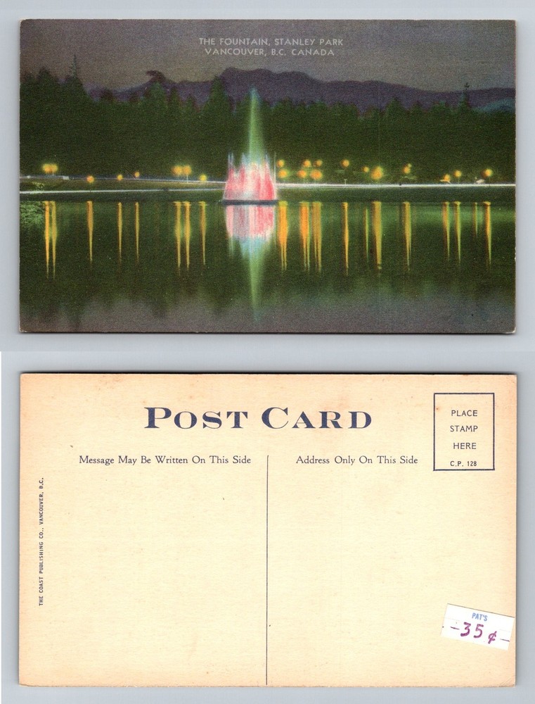 Vancouver, BC-British Columbia, Stanley Park Fountain Night Vintage Postcard