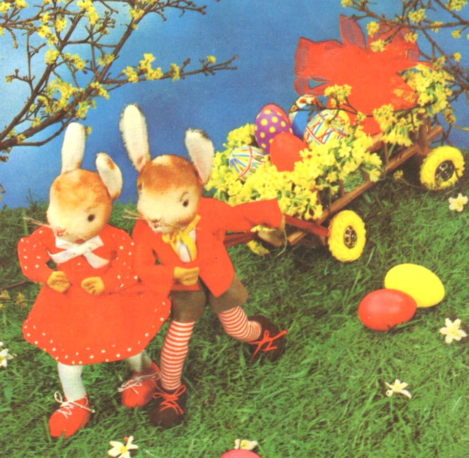 Vintage - European Easter Bunny Boy and Girl With Egg Cart  - Postcard - EP1J
