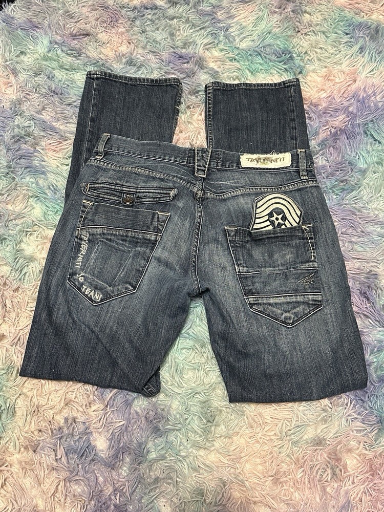 Taverniti Y2K Military Patch Distressed Flare Leg Blue Denim Jeans Womens Size 33