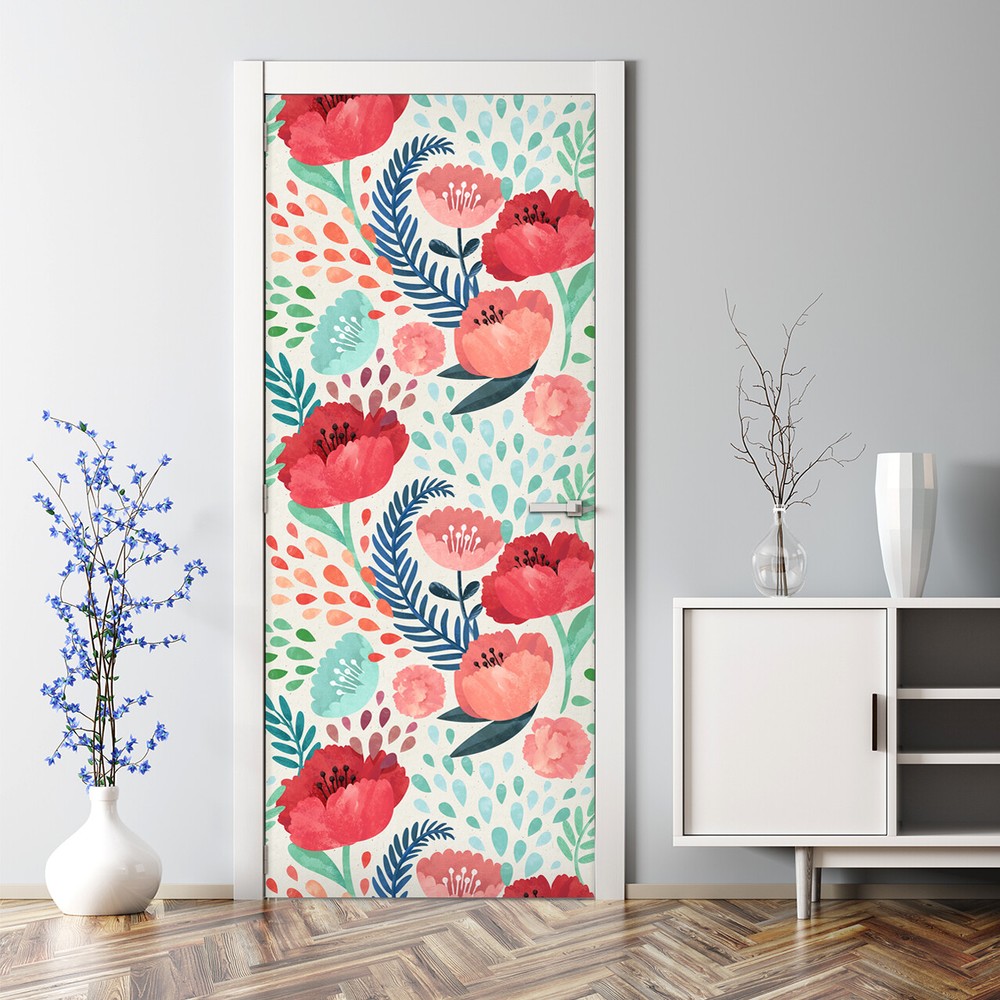 Red Poppy Renters and Floral Mural Poppies Print Self Adhesive Door Decal
