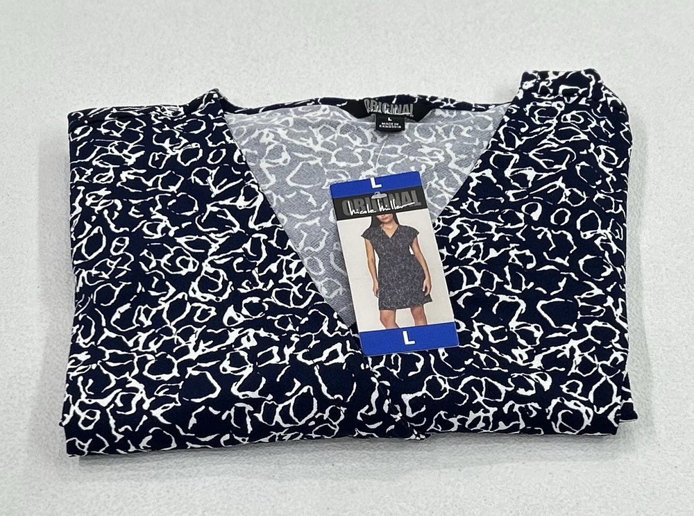 Nicole Miller Women's Faux Wrap Knit Stretch Dress, Navy/White, Size L
