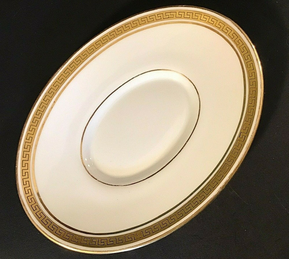 Jean Pouyet Limoges Gravy Boat Under Plate Athena Greek Key Gold Antique 8 1/8