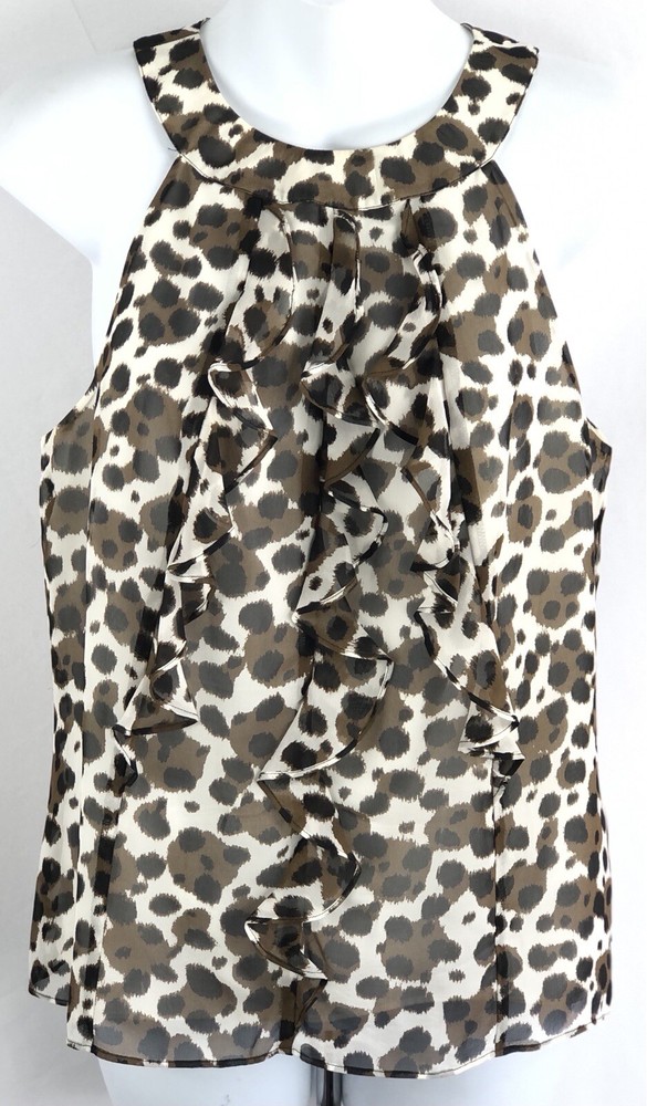 Ann Taylor 100% Silk Babydoll Halter Top 10P Leopard Ruffles Sleeveless Y2K 90's