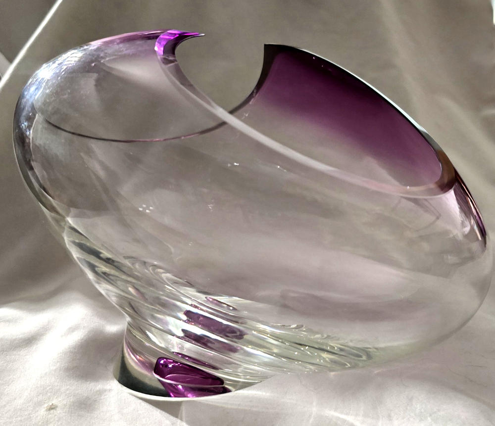 John Nickerson Art Glass Abstract Cut Away Bowl/Sculpture Clear/Amethyst SIGNED