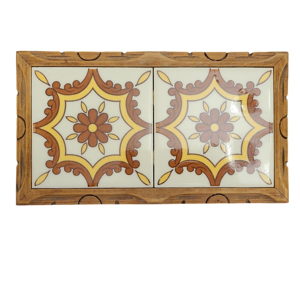 Vintage MCM Carved Wood Double Ceramic Tile Trivet Mid Century Modern Flowers