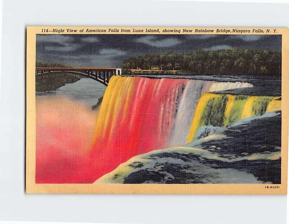 Postcard Night View of American Falls from Luna Island Niagara Falls USA