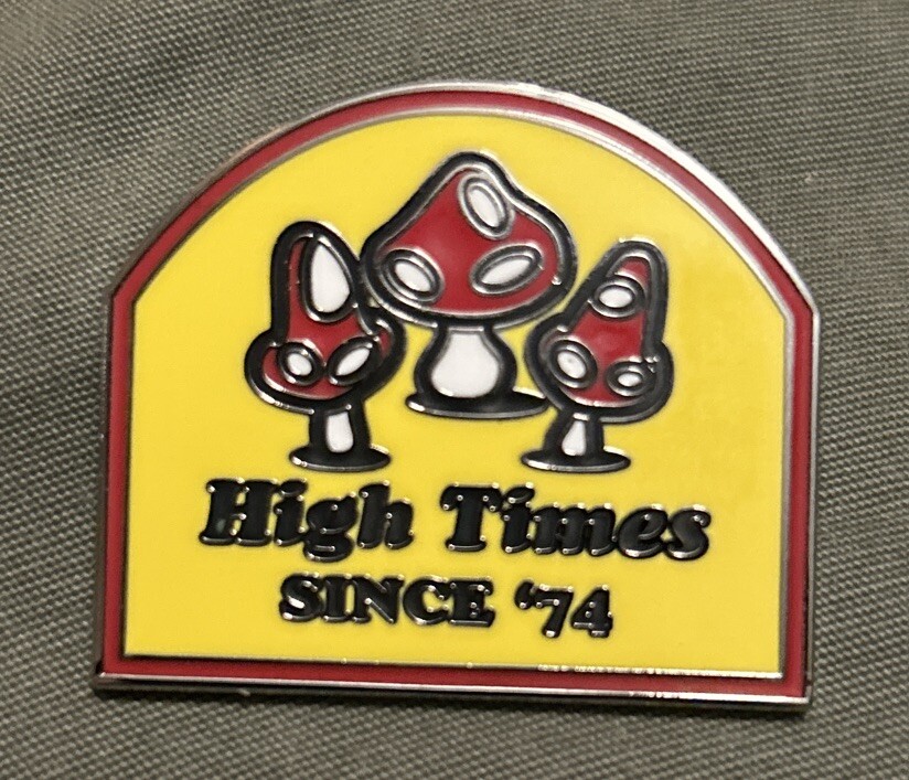 High Times Magazine Pin Since 74 Yellow Red Mushrooms Logo Lapel Hat Biker 420