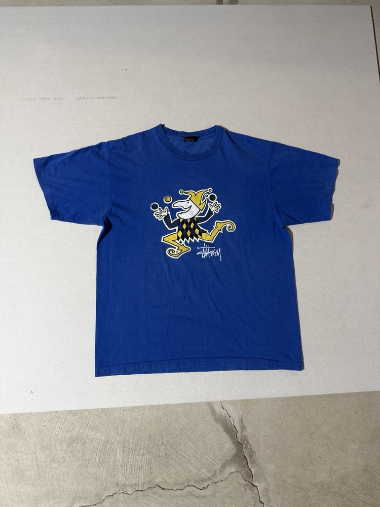 Vintage 90s Blue Stussy Double Sided Jester Shirt Single Stitch XL Skate Grail