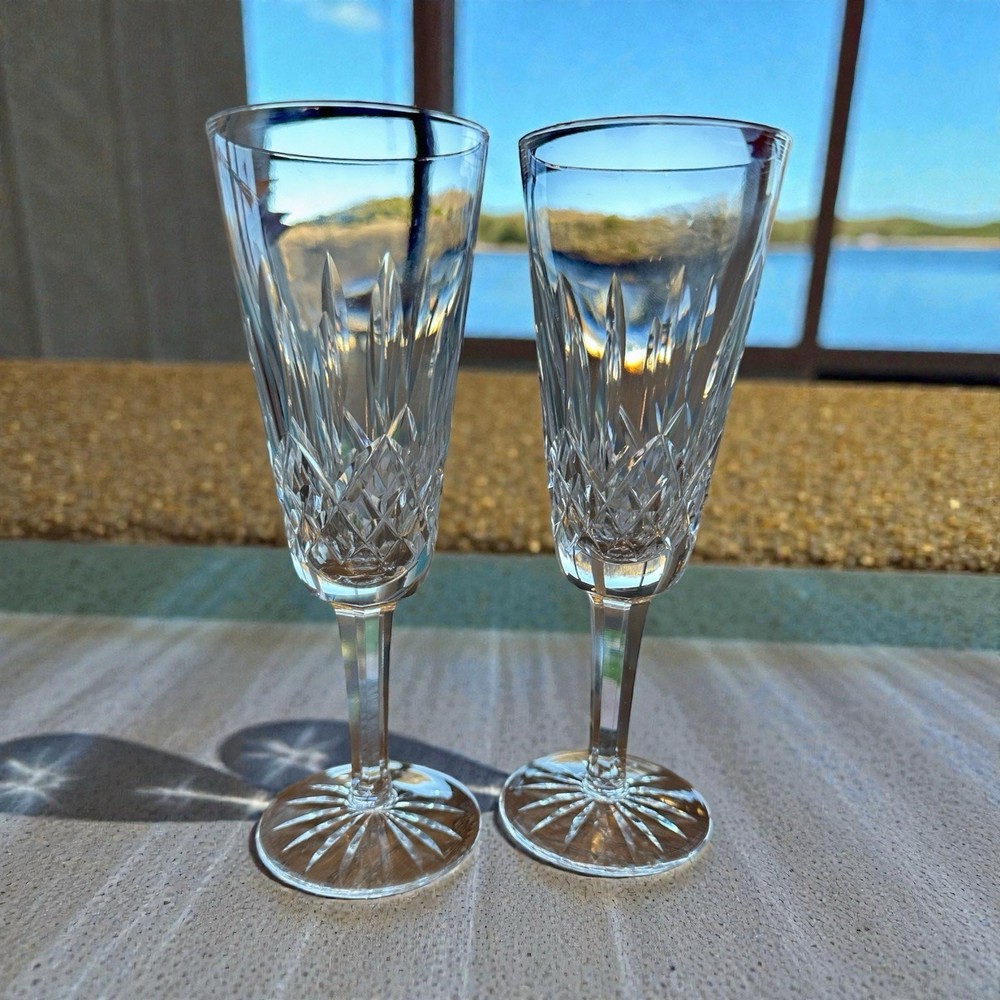 Vintage Set of 2 WATERFORD Crystal LISMORE Fluted Champagne Glasses 7 1/4