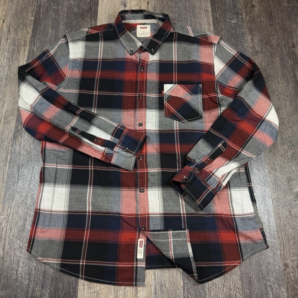 Levis Plaid Button Down Shirt Mens XL Red Blue Long Sleeve Casual Red Tab Pocket