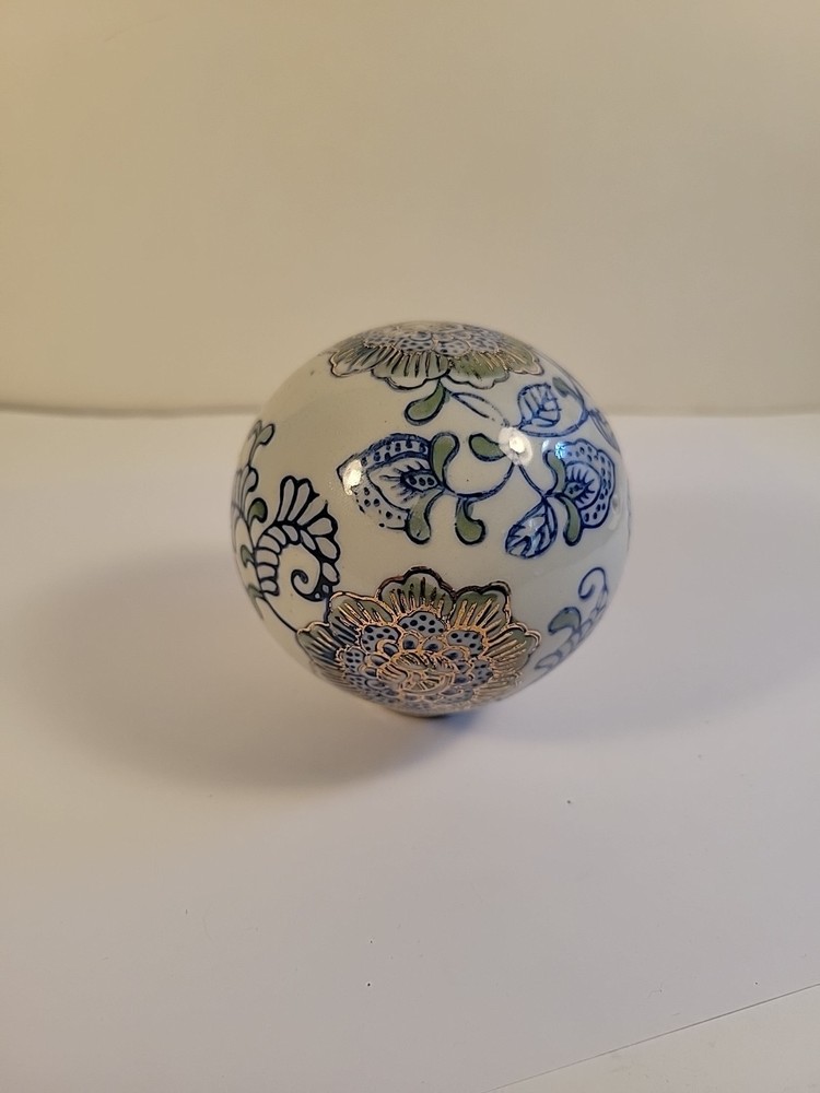 Vintage Cobalt Blue White Gold Floral Hand Painted Ceramic Porcelain Ball