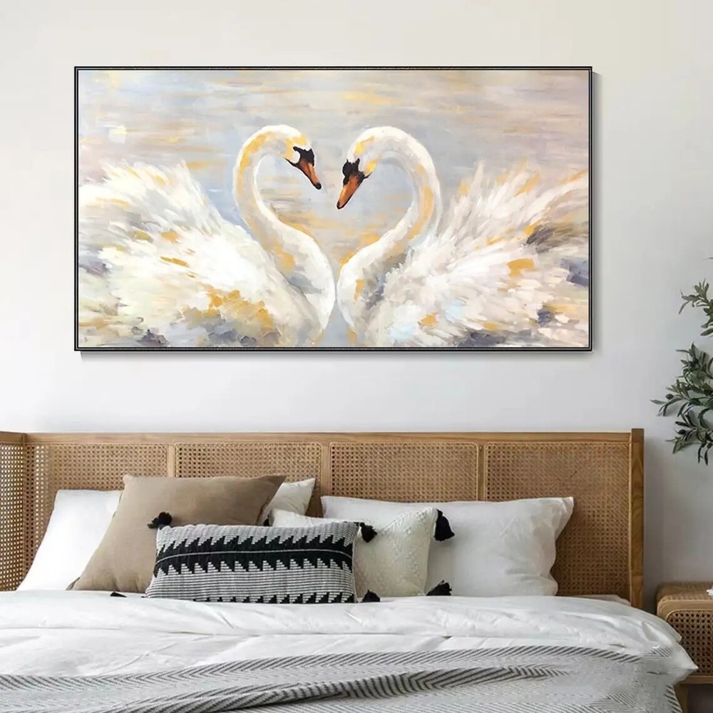 White Swan Couple Hand-Painted Oil Painting Custom Cute Textured Animal Portrait