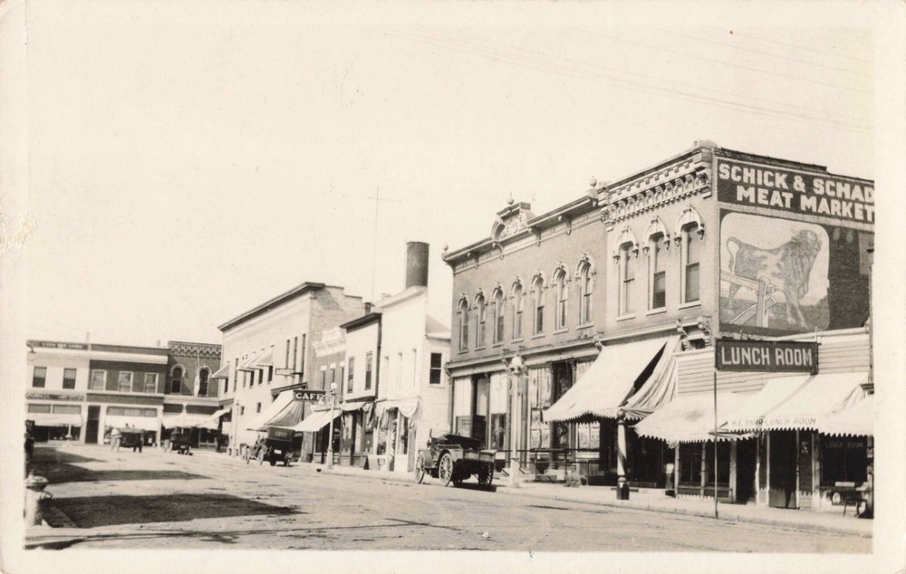 1920s Real Photo RPPC Cherry Avenue Rochelle IL Meat Market Street View  