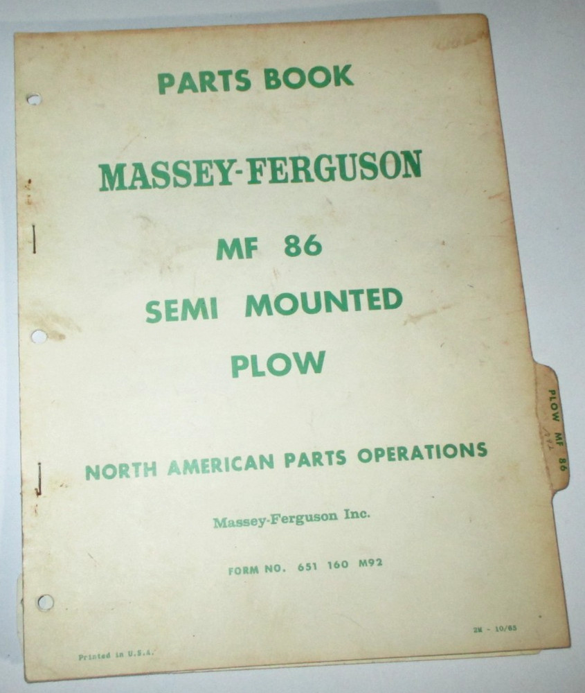 Massey Ferguson MF 86 Semi Mounted Plow Parts Catalog Manual Book 10-65 ORIGINAL