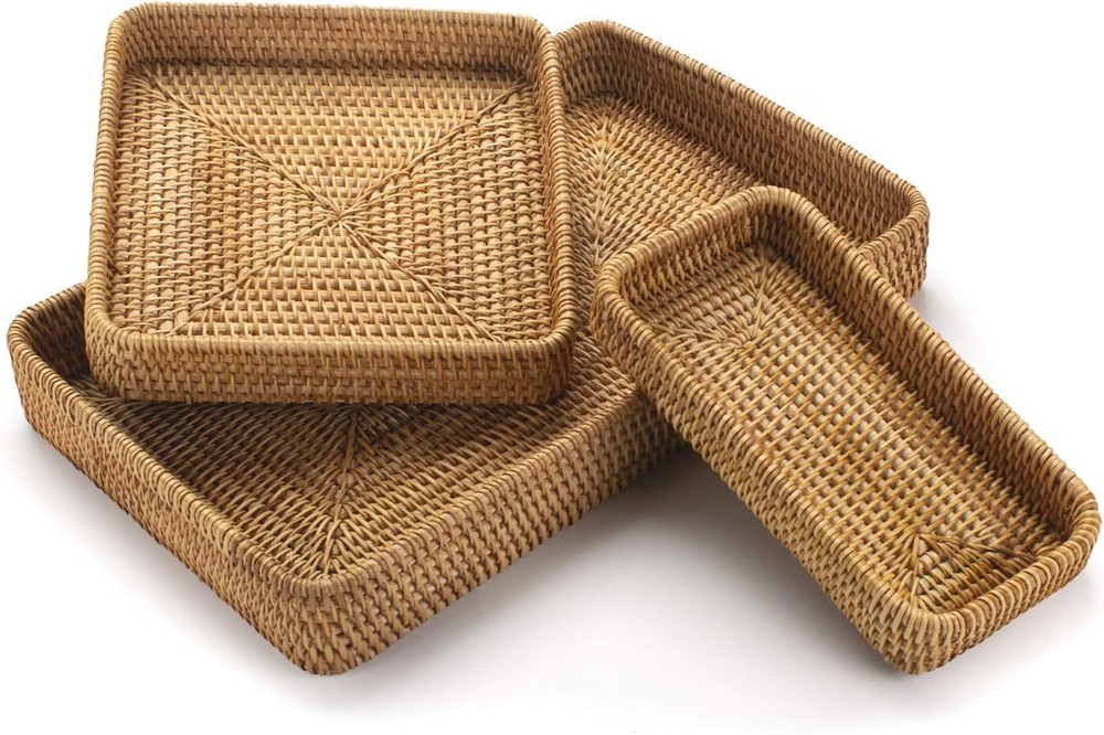 Rattan Serving Tray, Rectangular Woven Tray with Wicker Trim (Natural Color)