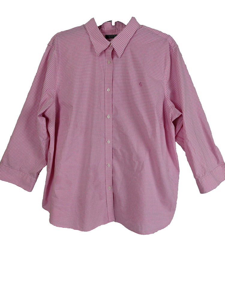 LRL Ralph Lauren Gingham Button Up Top Womens 2X Pink White Picnic Non Iron