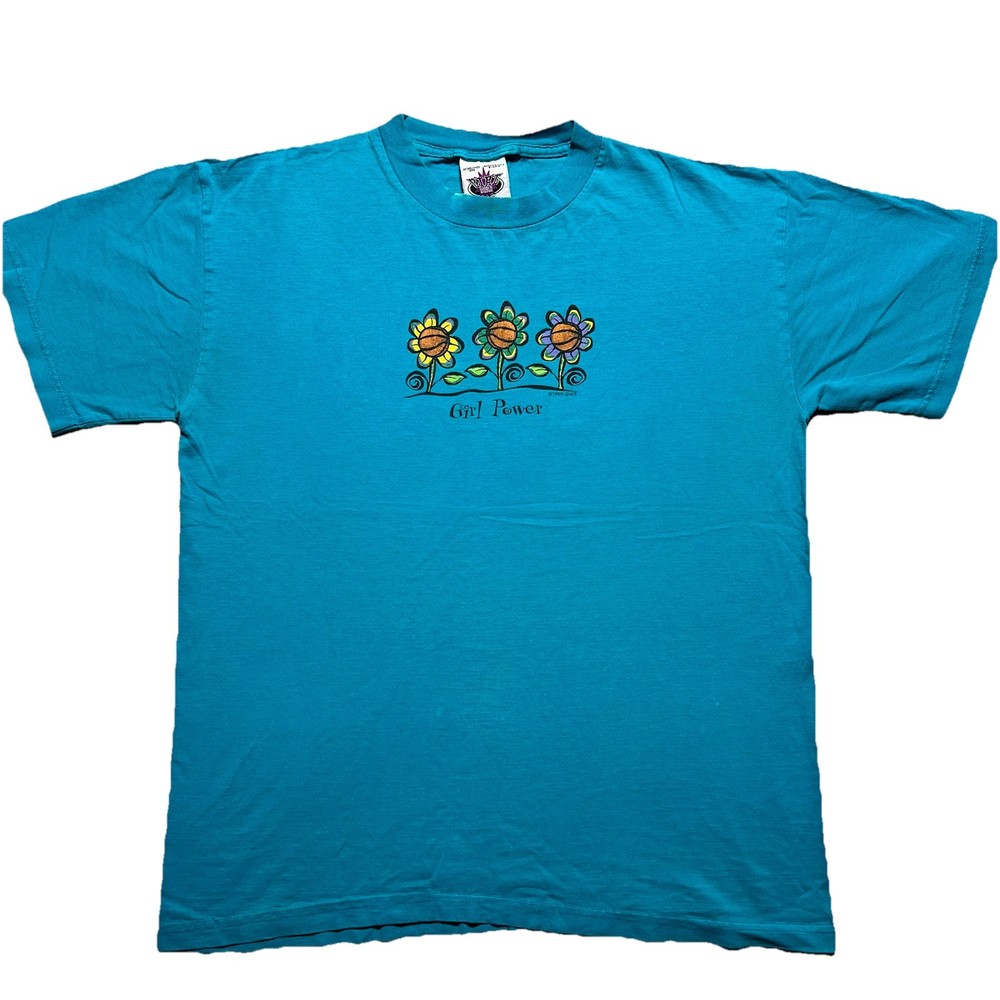 Vintage 90s Girl World T Shirt Mens XL Blue Faded 1999 Girl Power Flower