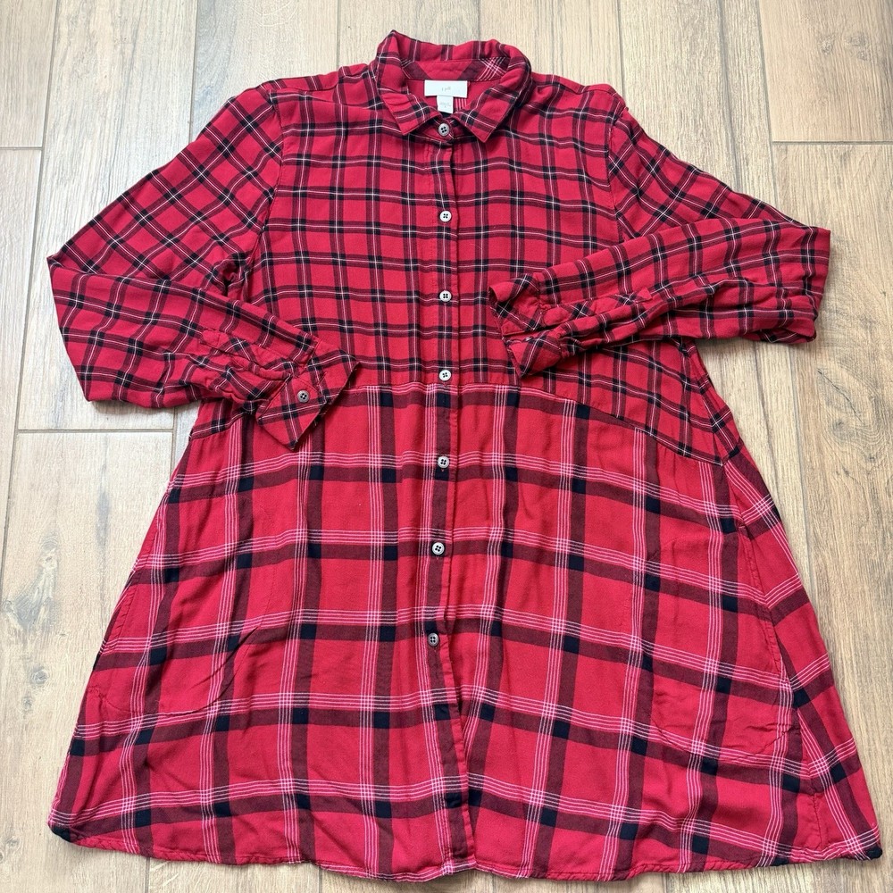 J Jill Plaid Tunic Shirt Womens Size S Red Black Button Front Long Sleeve Top