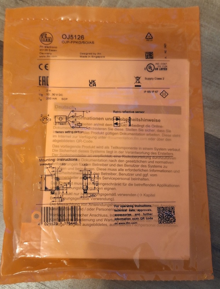 *NEW* Ifm Efector OJ5126, OJP-FPKG/SO/AS Photoelectric Sensor 10-30v-dc (r = 2m)