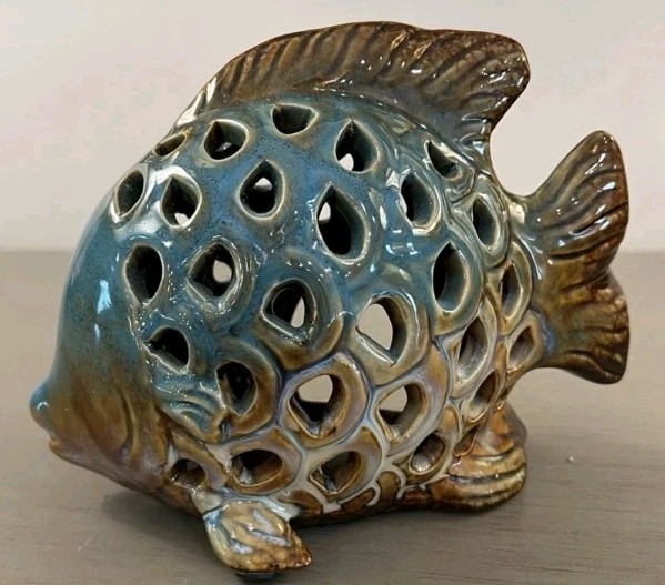 Ceramic Art Pottery Fish Shape Tea Light Votive Candle Holder Coastal Glazed