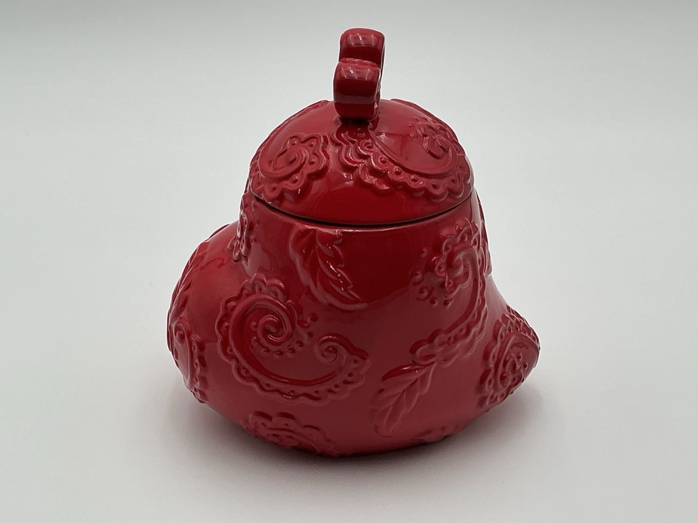 David’s Cookies Red Heart Cookie Jar with Lid Valentines Day Paisley Embossed