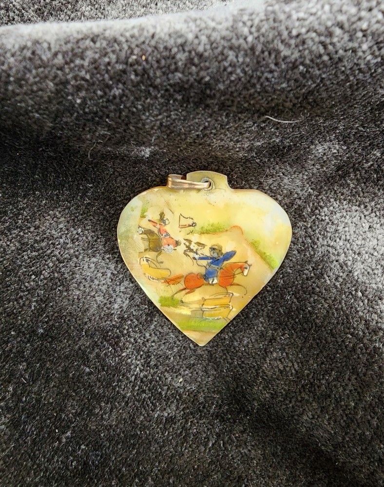 Vintage Mother of Pearl Heart Pendant painted with 2 men on horses