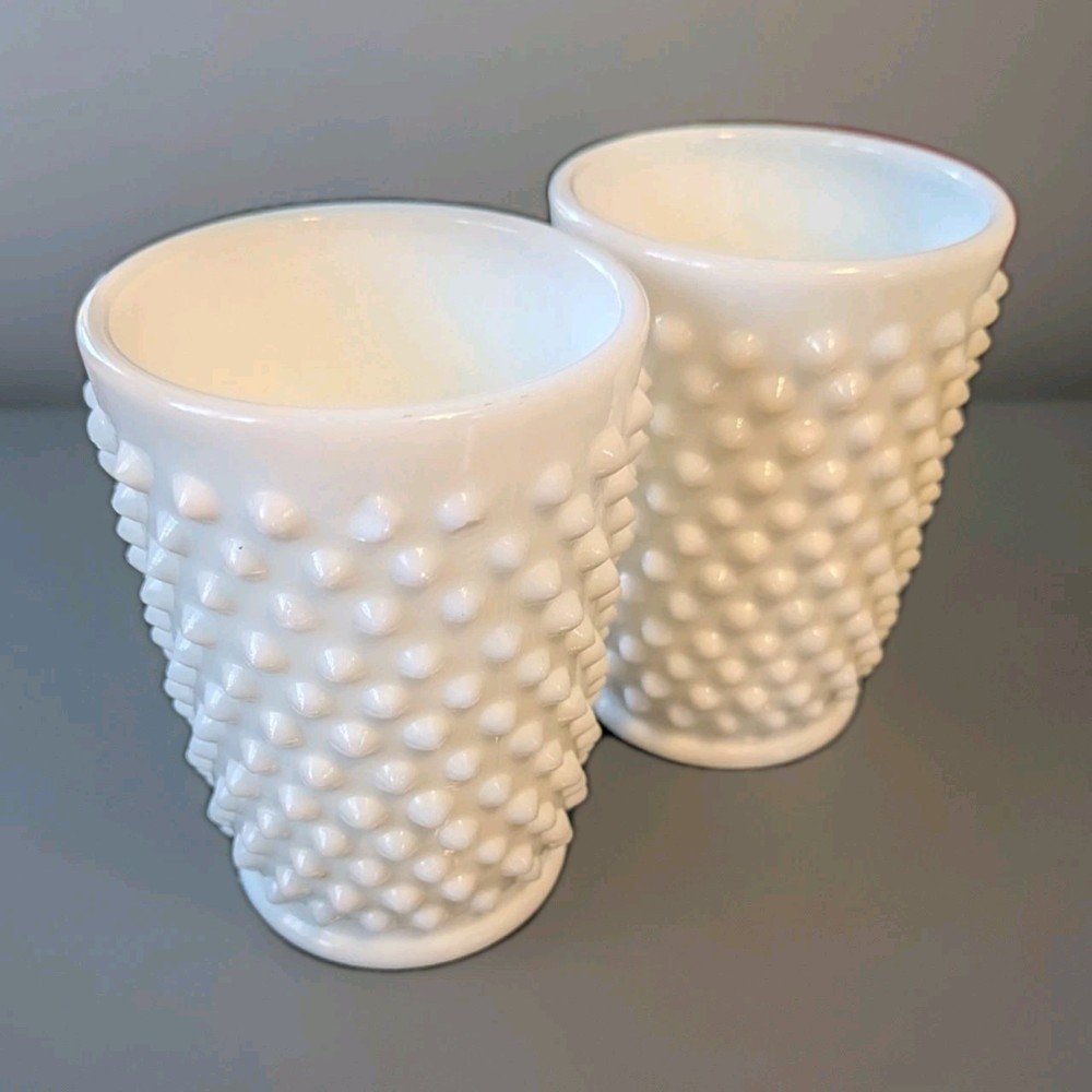 Vintage Fenton Hobnail Milk Glass 5 oz Tumblers Pair 3.5