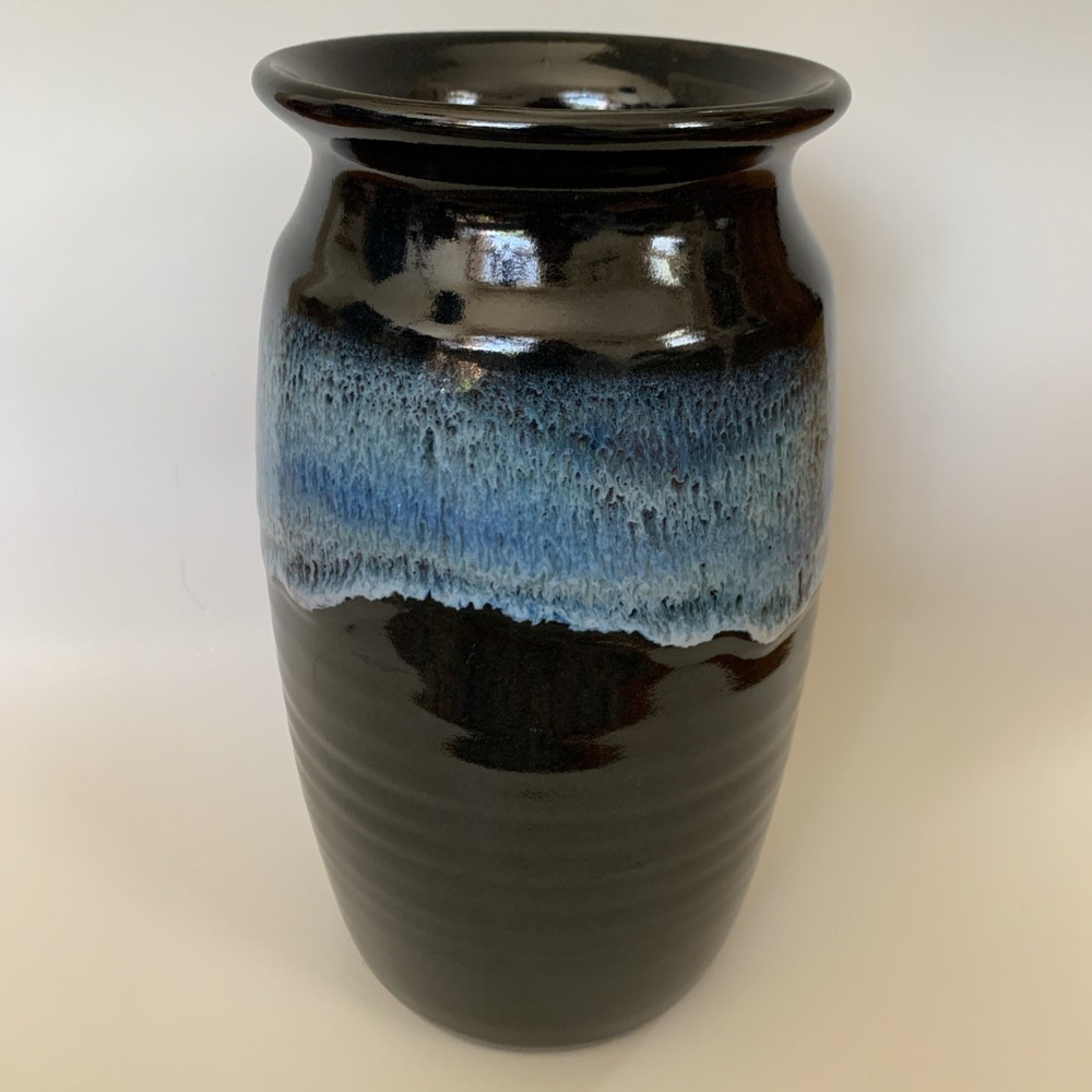 Vintage Studio Art Pottery Blue Drip Glazed Vase Handmade 11” Tall