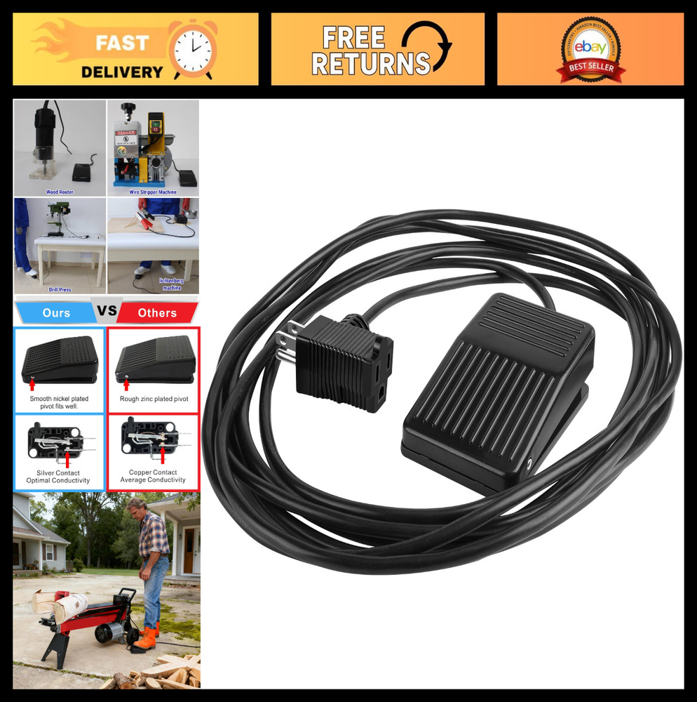 Foot Switch Pedal Normally Off with 10ft Extension Cord & 3-Prong Plug - 15A 250
