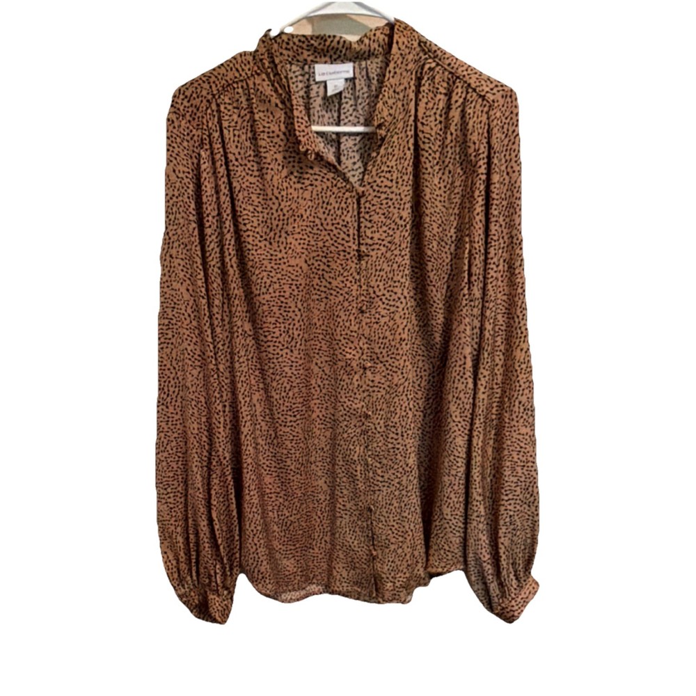 Liz Claiborne Animal Print Beige/Black Collared Long Sleeve Button Blouse XL