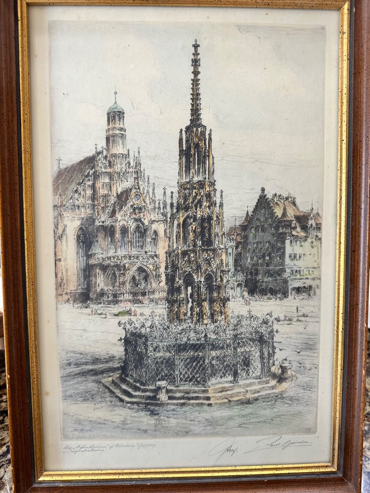 Signed Colored Etching print by Paul Geissler - Der Schoner Brunnen in Nurnberg